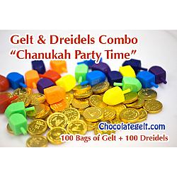 Hanukkah Combo: 100 bags of gelt and 100 plastic dreidels