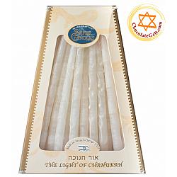 Hand Decorated White over White Chanukah Candles made in Israel